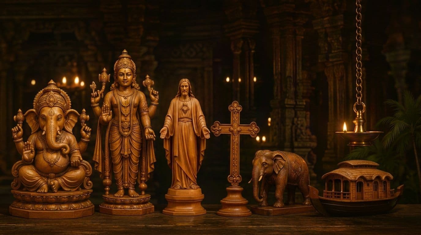 Diya Handicrafts Sacred Wooden Sculptures - Lord Ganesha, Lord Vishnu, Christ, Cross, Kerala Elephant, Houseboat