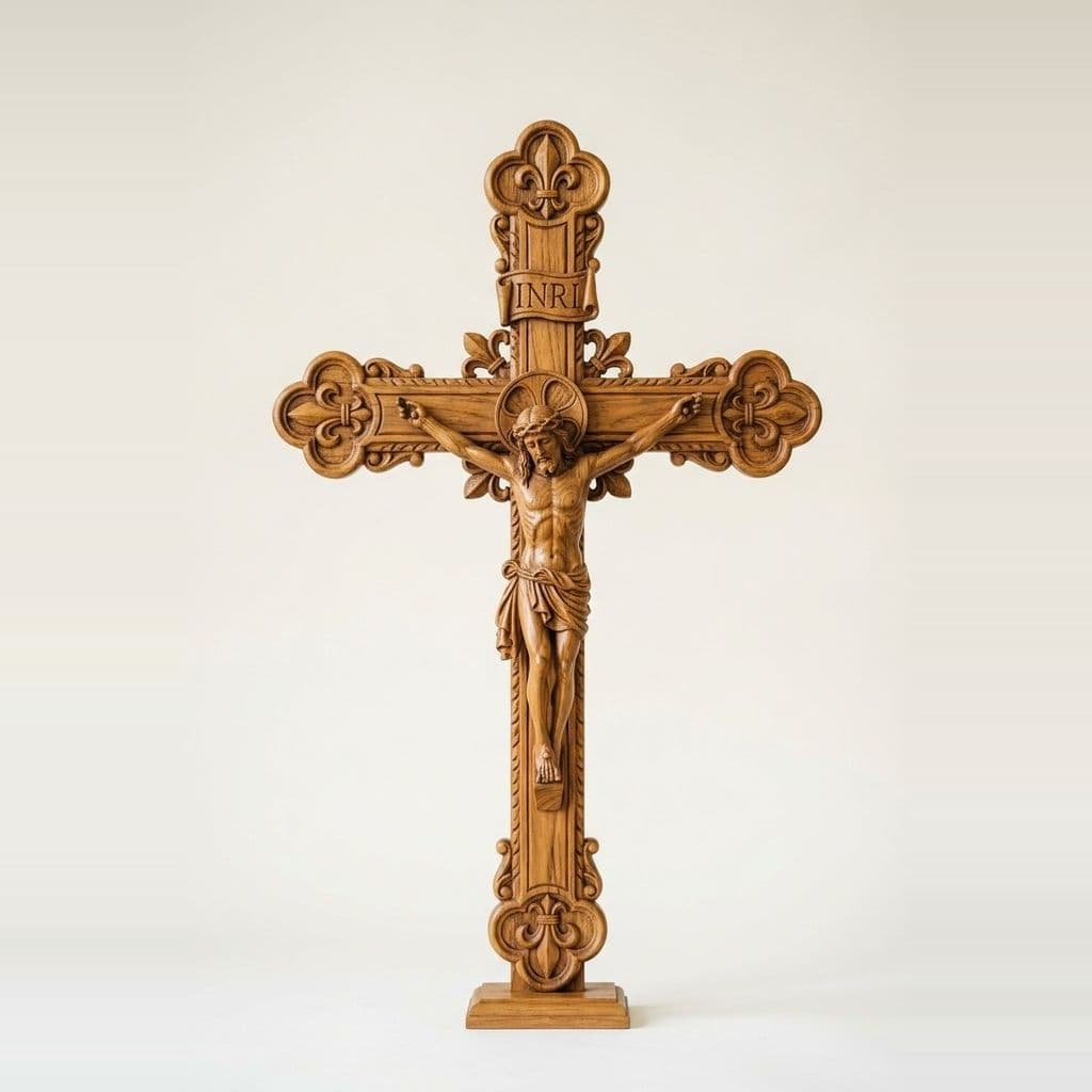 Ornate Hand-Carved Wooden Crucifix - View 1